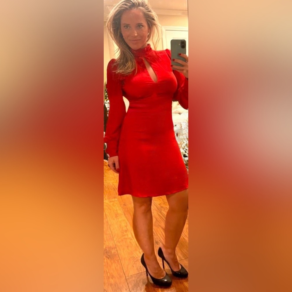 RARE Reformation Red Satin Dress with Cuffed Sleeves